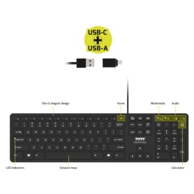 Port Office Executive Low Profile 109key Wired Keyboard - Black - Image 4