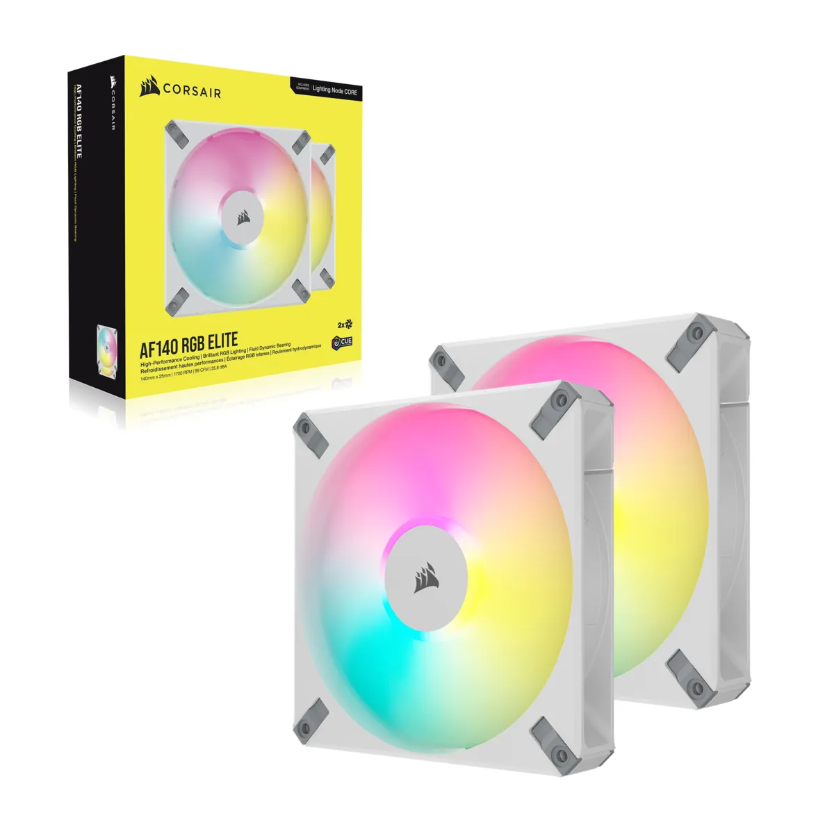 CORSAIR AF ELITE Series; AF140 RGB ELITE WHITE; 140mm Fluid Dynamic RGB Fan with AirGuide; Dual Pack with Lighting Node CORE - Image 2