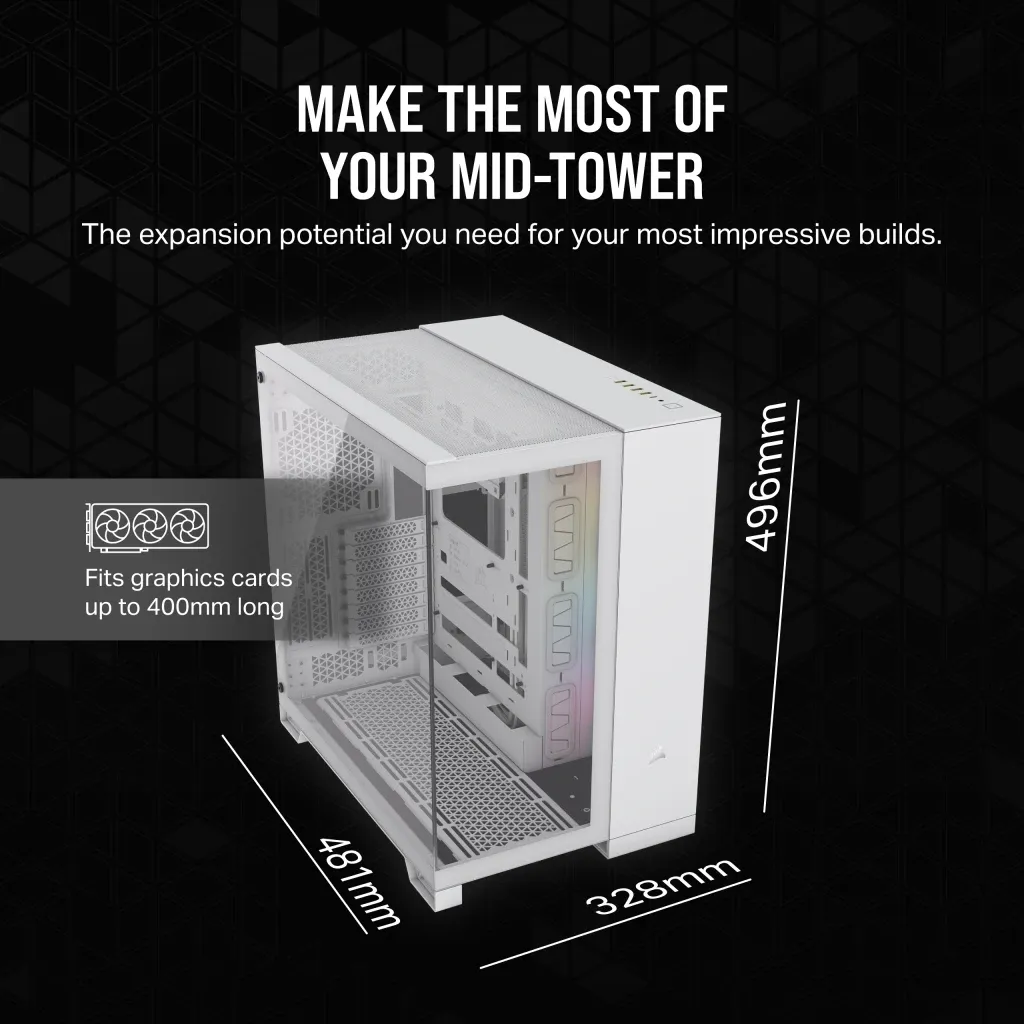 6500X RGB Mid-Tower White Dual Chamber PC Case; 2x 3.5'' | 2x 2.5'' Drive Bays; 360mm Radiator compatible; 3x 120mm fan incl