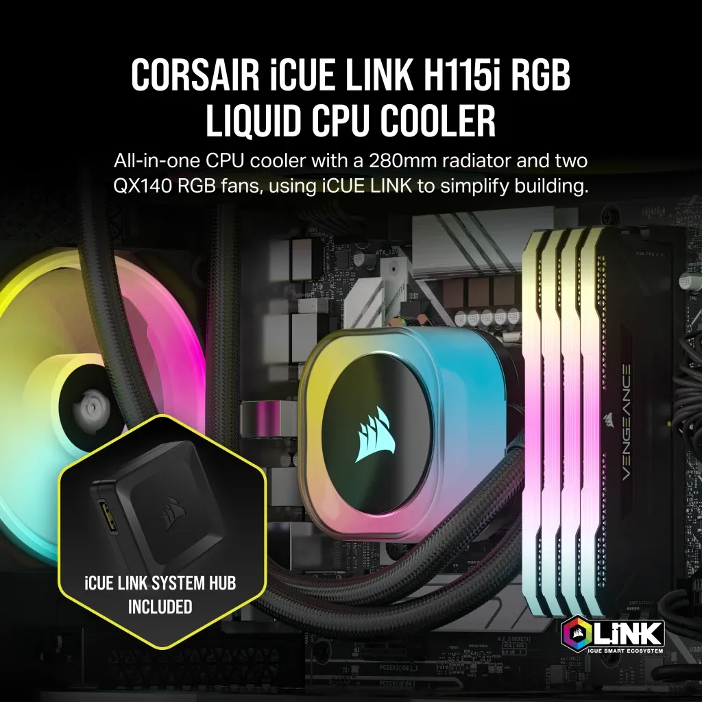 CORSAIR iCUE LINK H115i RGB Liquid CPU Cooler - QX140 RGB Fans - 280mm Radiator - Fits Intel® LGA 1700; AMD® AM5 - Hub included