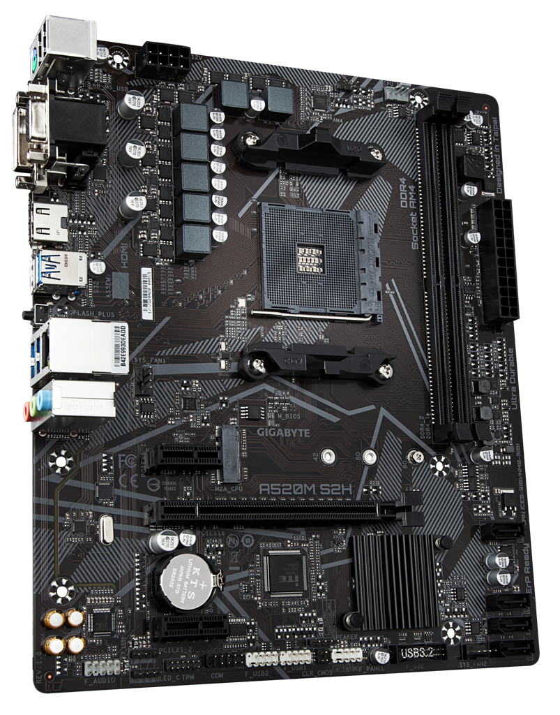 GIGABYTE Motherboard AMD A520M-S2H  for 3rd/4th/5th Generation AMD Ryzen™ processors; 2x Dual DDR4; 1x M2; HDMI; DVI; VGA.