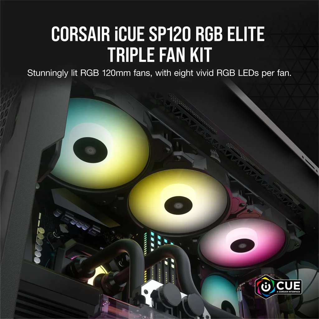 Corsair SP120 RGB ELITE; 120mm RGB LED Fan with AirGuide; Triple Pack with Lighting Node CORE