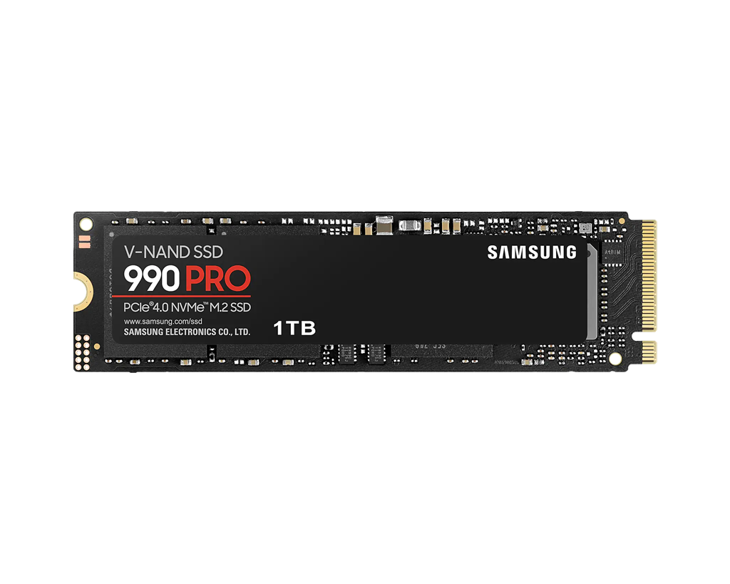 SAMSUNG 990 PRO 1 TB NVMe SSD - Read Speed up to 7450 MB s  Write Speed to up 6900 MB s  Random Read up to 1200000 IOPS  Random Write up to 1550000 IOPS PCIe 4.0 x4  NVMe 2.0  V-Nand 3bit MLC  In-house controller  1GB Low Power DDR4  600TBW