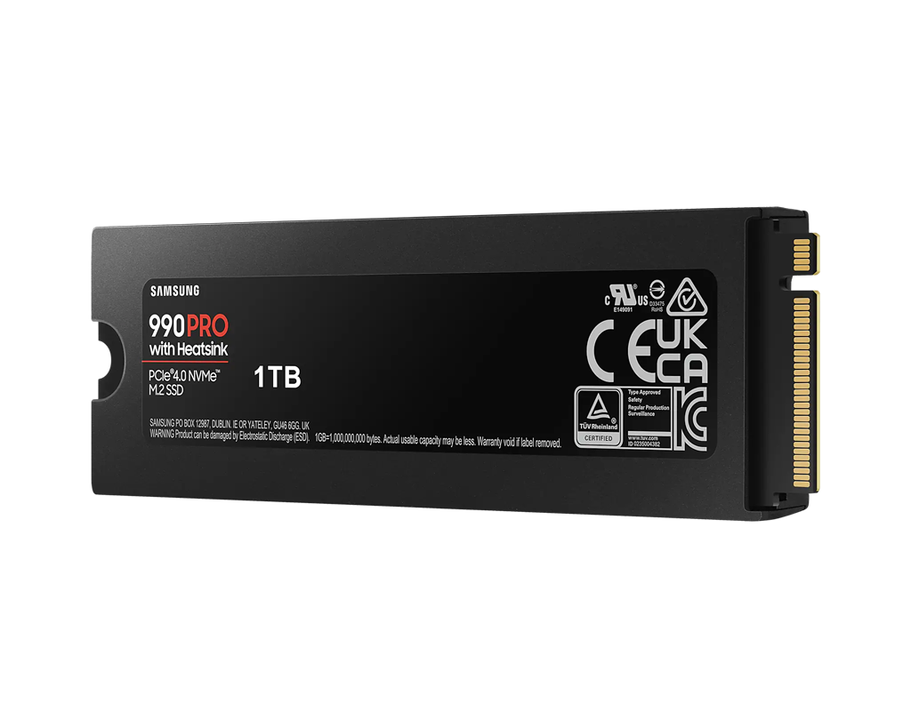 SAMSUNG 990 PRO 1 TB NVMe SSD W Heatsink - Read Speed up to 7450 MB s  Write Speed to up 6900 MB s  Random Read up to 1200000 IOPS  Random Write up to 1550000 IOPS PCIe 4.0 x4  NVMe 2.0  V-Nand 3bit MLC  In-house controller  1GB Low Power DDR4  600TBW